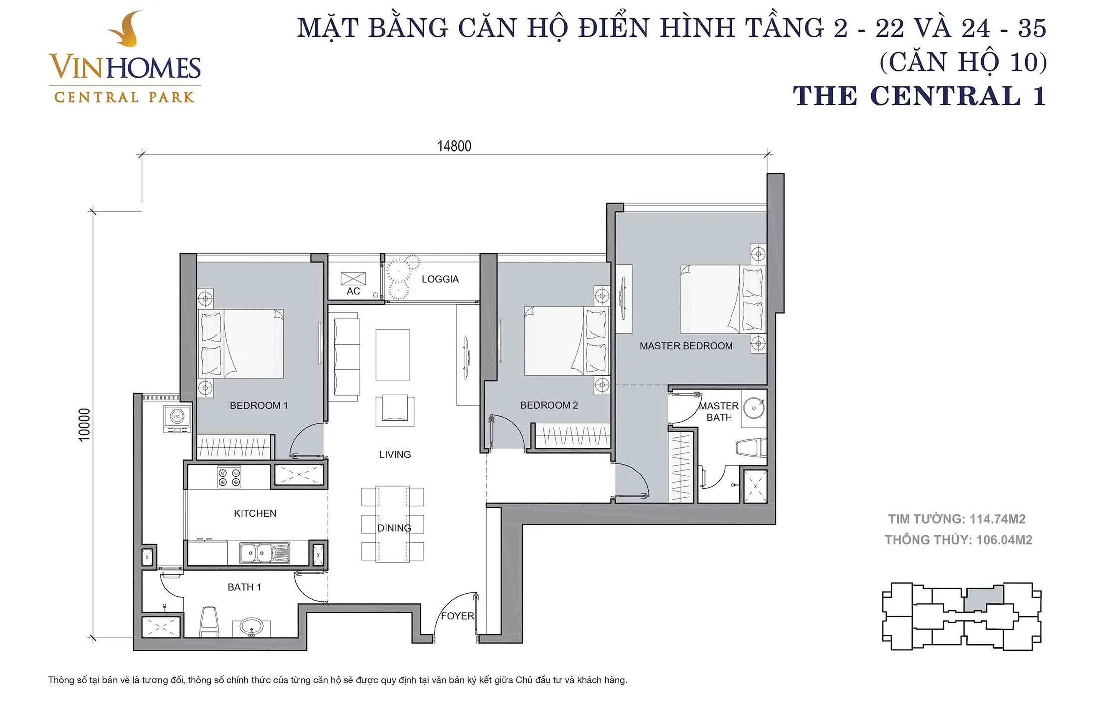 Layout điển hình Căn hộ 10, Tầng 2 đến Tầng 22 và Tầng 24 đến Tầng 35 tòa The Central 1 Vinhomes Central Park.