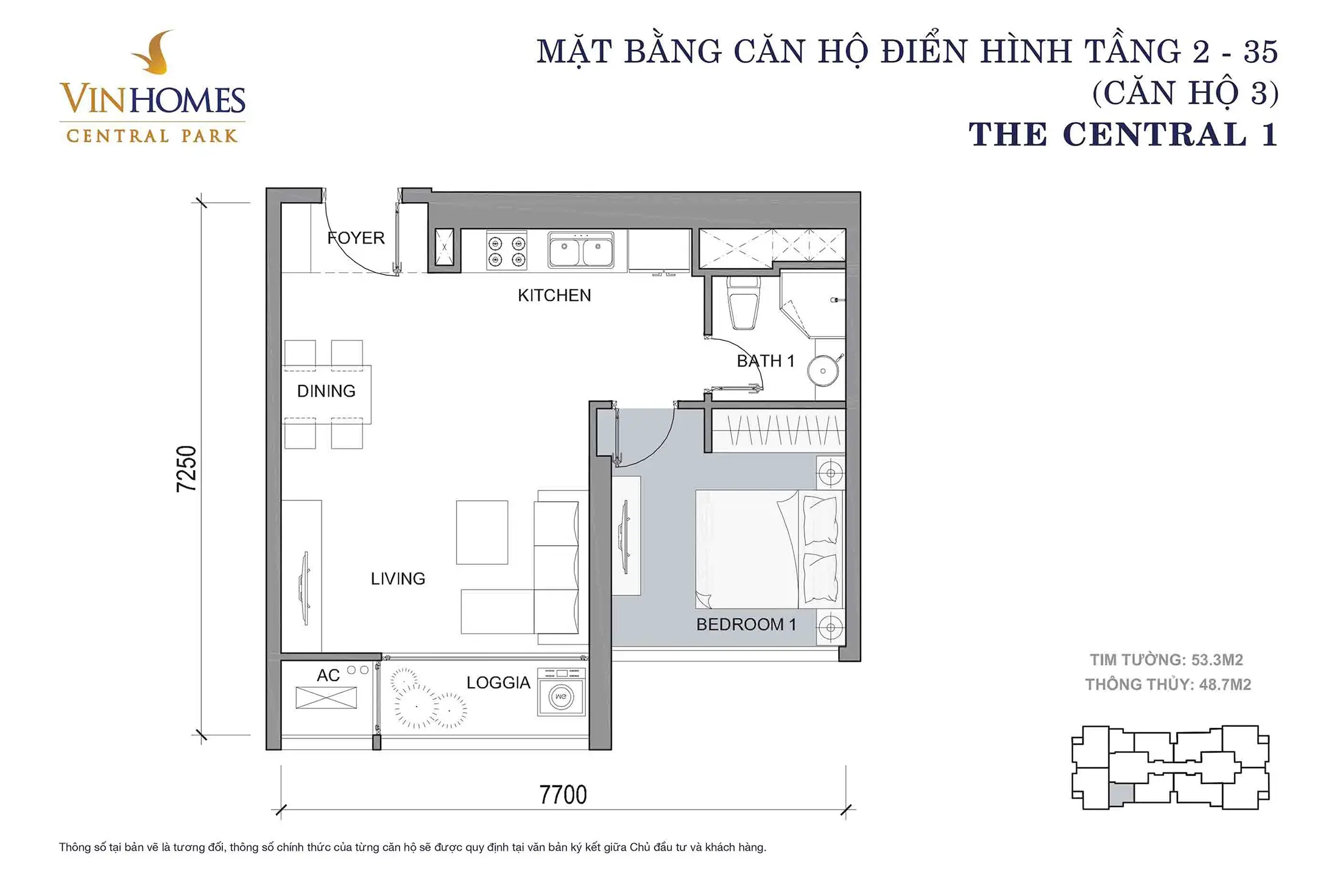 Layout điển hình Căn hộ 3, Tầng 2 đến Tầng 35 tòa The Central 1 Vinhomes Central Park.