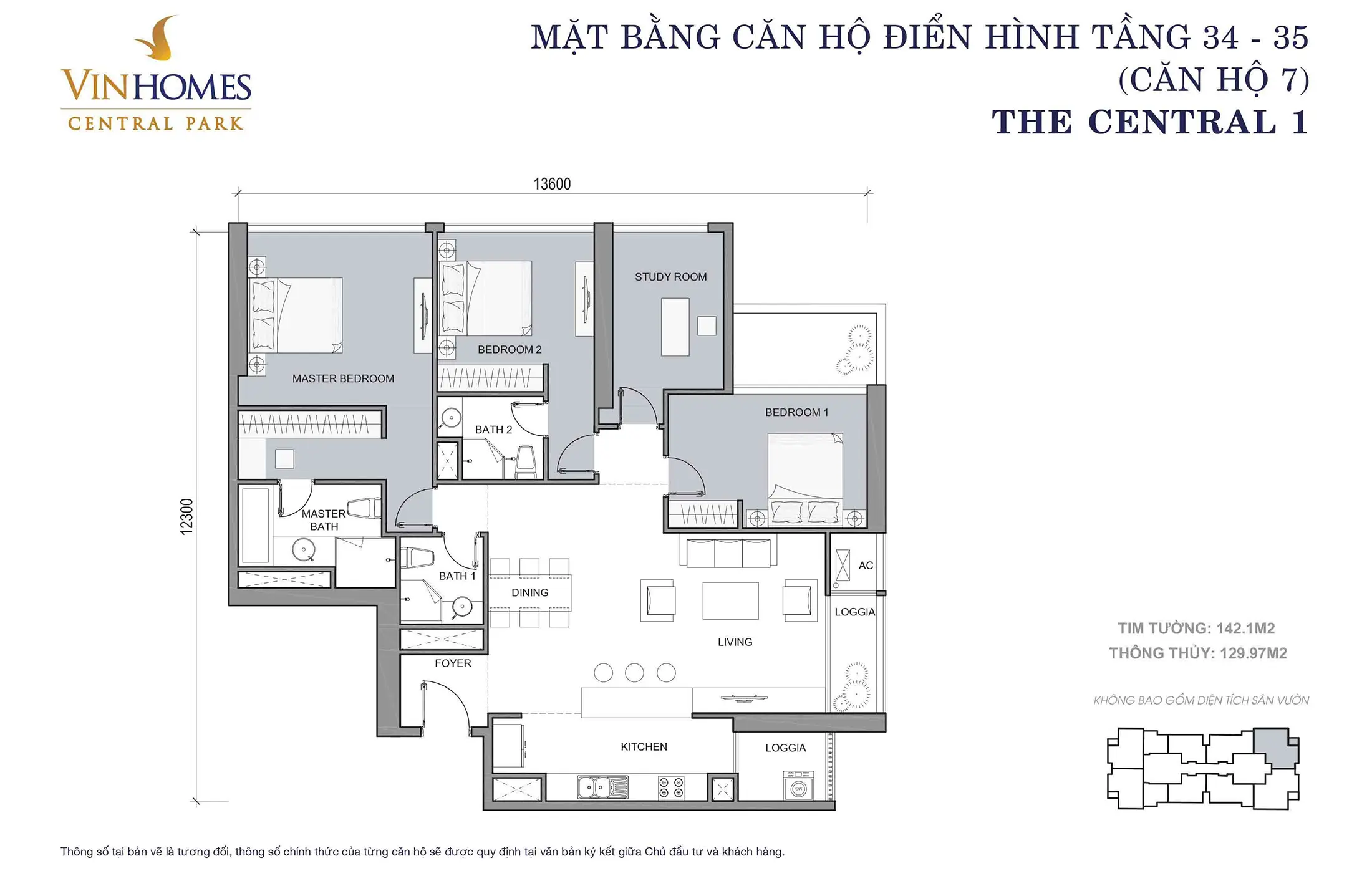 Layout điển hình Căn hộ 7, Tầng 34 đến Tầng 35 tòa The Central 1 Vinhomes Central Park.