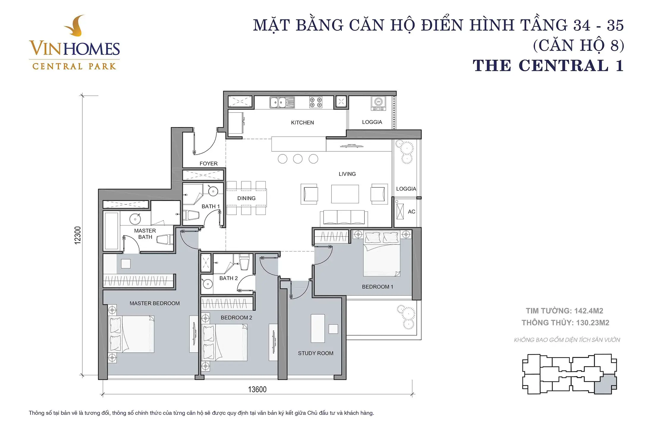 Layout điển hình Căn hộ 8, Tầng 34 đến Tầng 35 tòa The Central 1 Vinhomes Central Park.