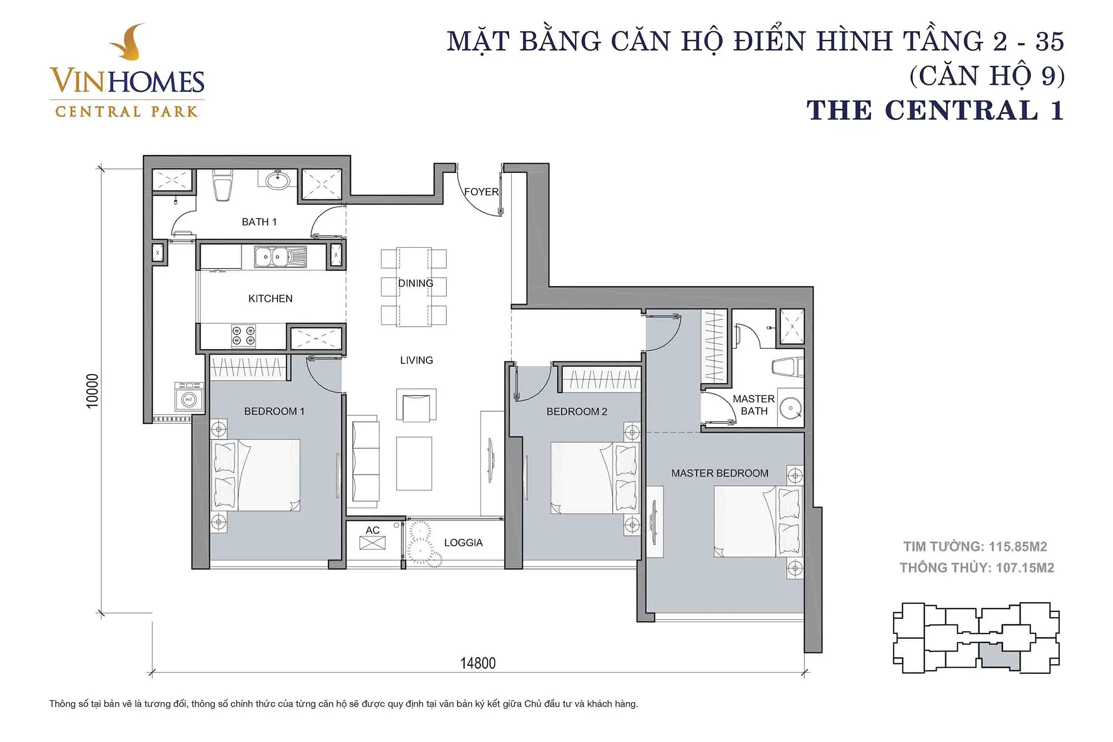 Layout điển hình Căn hộ 9, Tầng 2 đến Tầng 35 tòa The Central 1 Vinhomes Central Park.