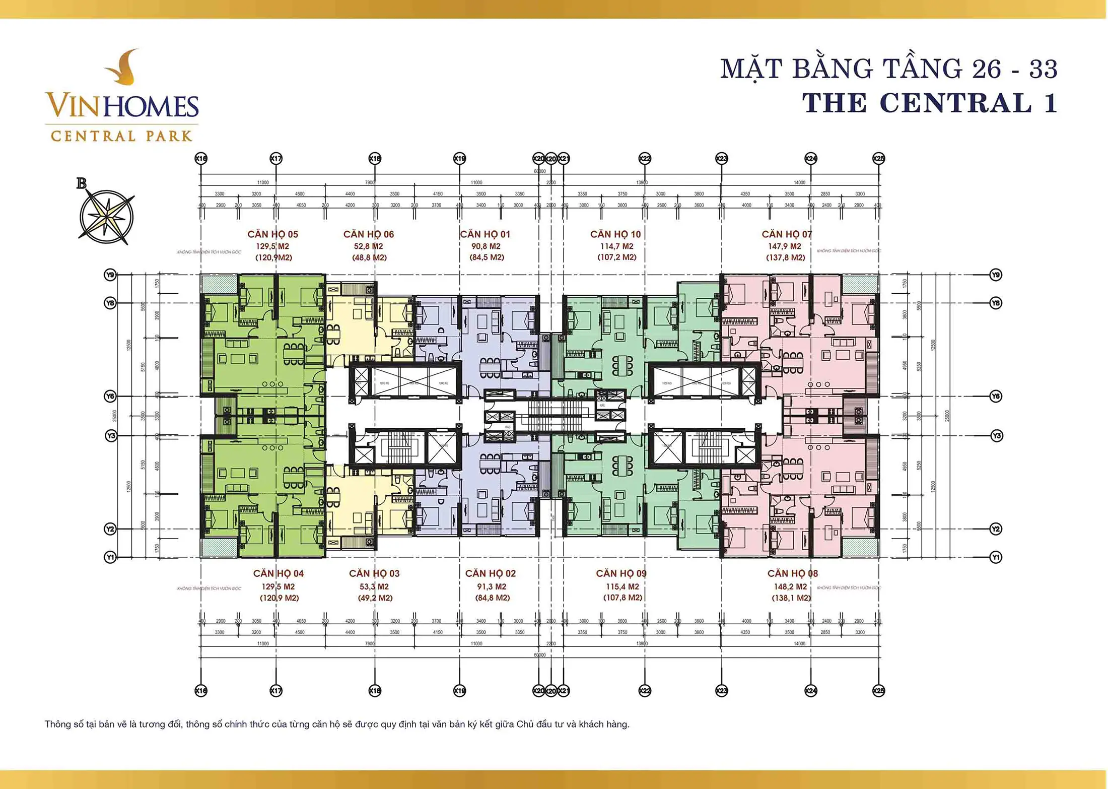 Mặt bằng điển hình Tầng 26 đến Tầng 33, tòa The Central 1 Vinhomes Central Park.