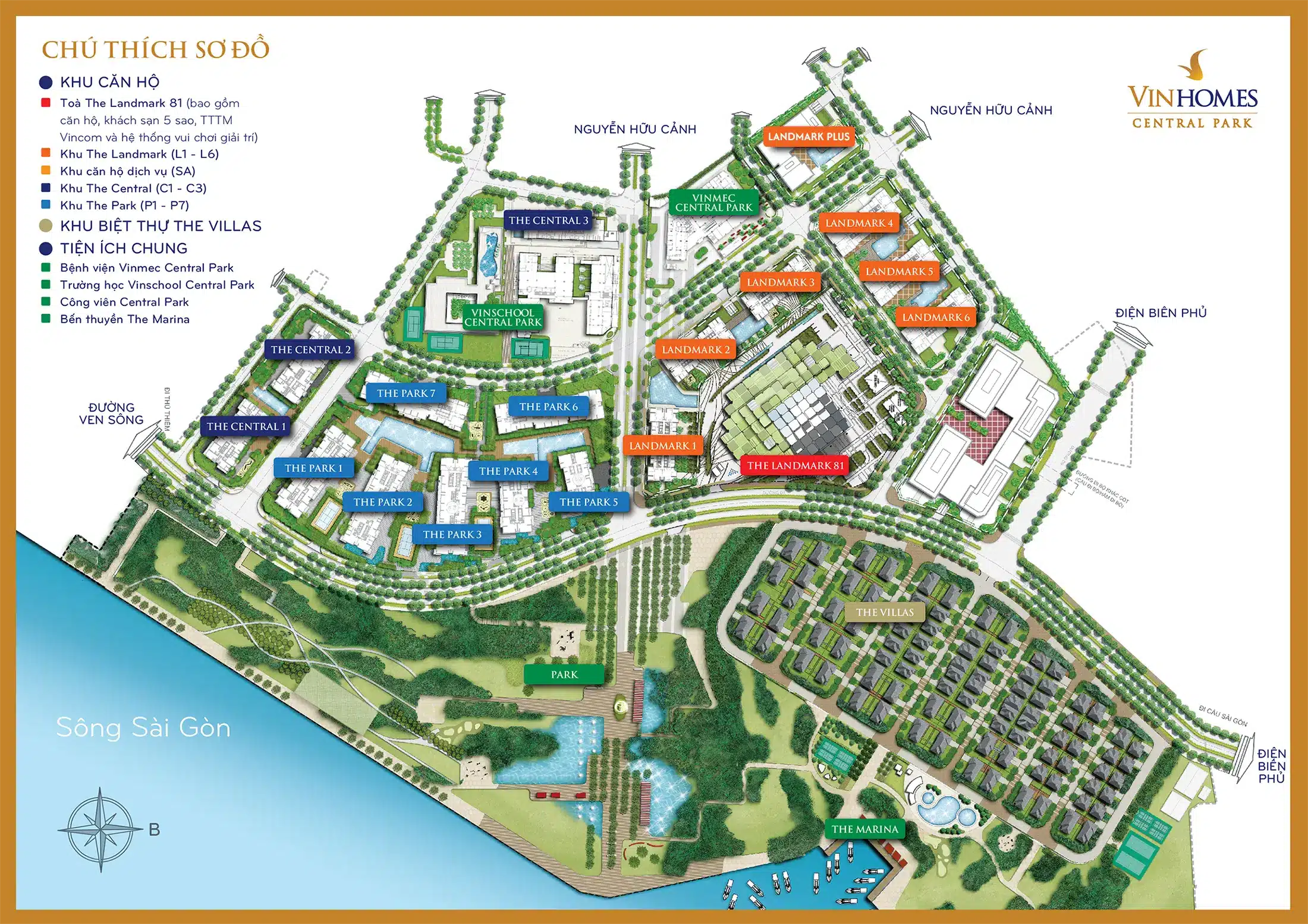 Mặt bằng tổng thể, vị trí các tòa căn hộ và biệt thự trong khu đô thị Vinhomes Central Park Tân Cảng.